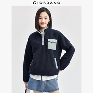 GIORDANO ผู้หญิง เสื้อสเวตเตอร์ Teddy Fleece Patchrk Pocket Collar Stand Collar Button Snap Half Pla
