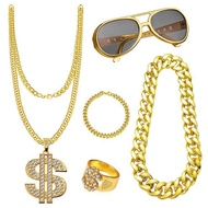 80s Hip Hop Costume Set of 4 Rapper Costume Kit Fake Gold Chain Money Chain Twist Leg Punk Sunglasses Dollar Sign Finger Ring and Bracelet Props pleasant