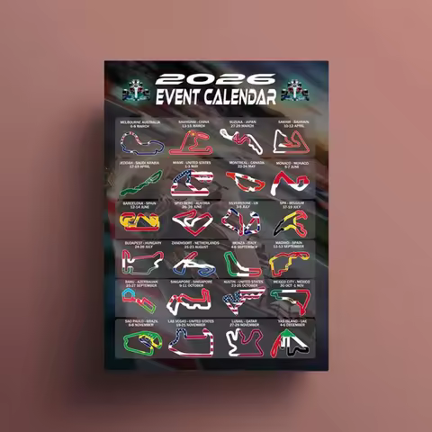 Gifts and Temptations 2026 Formula Racing Event Calendar Poster Track Layouts with National Flags, W