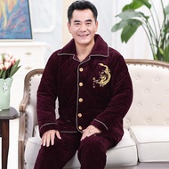 爸爸冬天法蘭絨中年老人男士睡衣