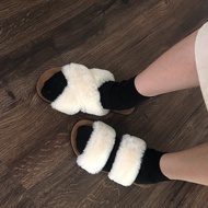 YD5 Women Furry Slippers Cross Fur Slippers Fashion Sliders Fluffy Warm Slippers