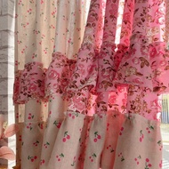 Rèm cửa vintage decor vải canvas hoa phối chấm bi màn che cửa sổ viền ren hồng xanh Nhà Xinh Decor t