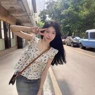 Navel Cropped Shirt Short-Sleeved Hot Girl Summer French Chiffon Flying Sleeve 2025 Puff Sleeve Flor