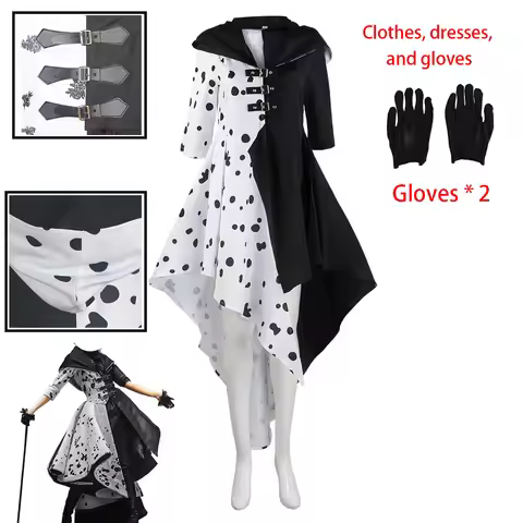 Cruella Cosplay Costume Dress Outfit Cloak With Gloves Halloween Carnival Suit Cruella De Vil Costum
