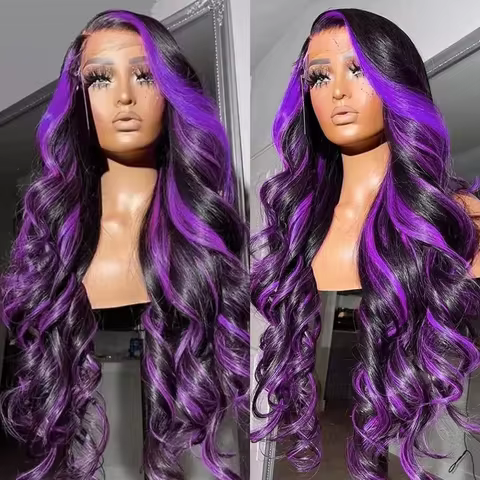 Ombre Purple Highlight Body Wave 13x6 HD Lace Front Wig Human Hair Waves Dark Purple 13x4 Lace Front