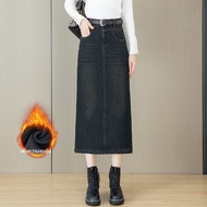 XIANGHOUMINCHU | กระโปรงยีนส์รีโทร Flannel Lined