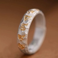 9999纯银描金六字真言戒指男女士款轻奢高级感锤纹指环9999 Sterling Silver Gold Six-Character True Words Ring for Men20260506