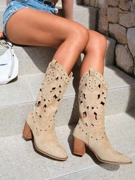 Styleloop 女性鏤空設計時尚靴子,度假杏粗西部牛仔靴適用於戶外