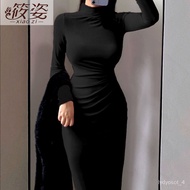 💕FLASH SALE💟Slim Thin Velvet Black High-Grade Sheath Dress Long Textured Waist Pleated Tight Bottoming Turtleneck Dress