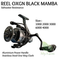 Reel Spinning Oxgn Black Mamba Saltwater Game 1000 3000 4000 6000 Power Handle Aluminum Spool/Rell Fishing Rod Sea Oxygen Anti Rust Lightweight Super Strong Quality.