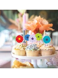 12入組小雛菊、向日葵色彩繽紛的春夏紙花杯子蛋糕裝飾,適用於母親節,女寶宝派對,婚禮生日派對蛋糕甜點裝飾用品