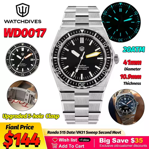Watchdives WD0017 41Mm Quartz Watches Man VH31 Sweep Movement AR Sapphire Luminous 20Bar Waterproof 