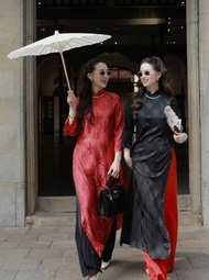 Áo dài cách tân nữ dáng suông gấm thọ dơi Chaang may sẵn áo dài xuông xưa cổ phục dự tiệc cưới lễ tế