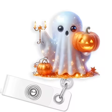 Shiny Pumpkin & Ghost Retractable ID Badge Reel & Clip - Durable Acrylic, Perfect Nurse Gift, Doctor