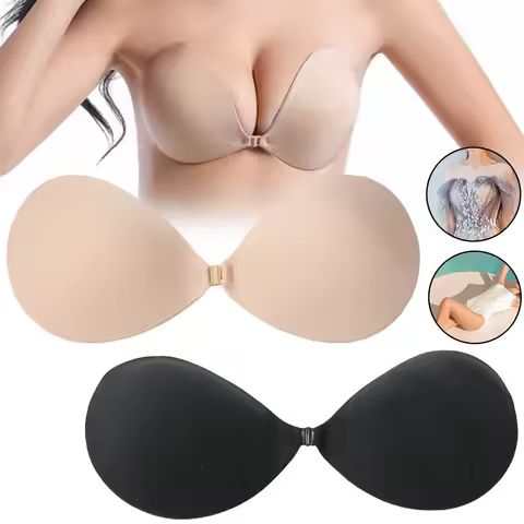 Women Invisible Push Up Bra, Bust Front Closure Sticky Bra, Backless Strapless Bra, 2PCS, Black and 