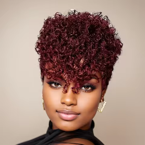 Kinky Curly Human Hair Bang Wig Remy Hair Wigs for Women Natural Color 99J Color Machine Made Wig