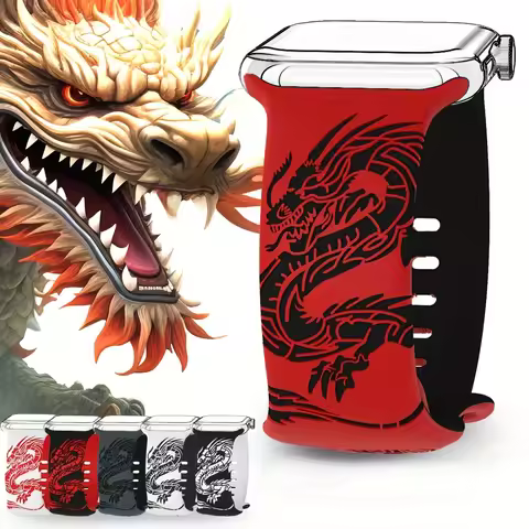 Chinese Loong carved silicone fashion watch band for Apple iWatch series 11 10 9 8 7 6 5 4 3 2 1 SE 