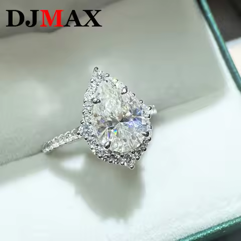 DJMAX New Premium 4CT Pear Moissanite Women's Ring S925 Plated 18K White Gold Luxury Moissanite Diam