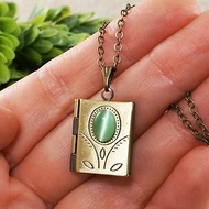 Mint Green Cat Eye Photo Locket Rectangle Book Pendant Necklace Woman Jewelry