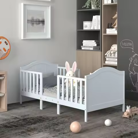 2-in-1 Convertible Toddler Bed Kids Wooden Bedroom Furniture w/ Guardrails White