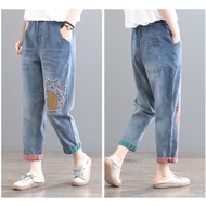 J450☘️Jeans Women's Denim Jeans Casual Pants Loose Mop Pants Embroidered Jeans Patch Cartoon Jeans