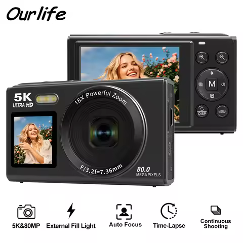 Ourlife Digital Camera CCD Dual Screen Portable Digital Camera 18X Zoom 5K Vintage Vlog Video Record