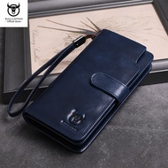 BULLCAPTAIN Mens Leather Long Wallet Multi-function 14 Card Slots RFID Anti-theft Swipe Card Bag Bus