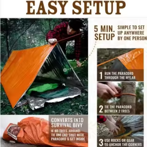 Emergency Survival Tent 230g - 2 Person Waterproof Shelter, Ultra Compact 23x16x2cm, Fast Setup, Mul
