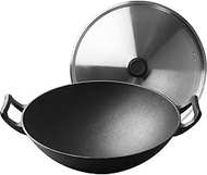 JBJWM Pre-Seasoned Cast Iron Wok, Black, Large Loop Handles &amp; Flat Base