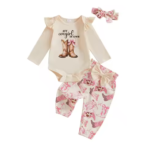 Western Baby Girl Fall Outfit Long Sleeve New Cowgirl in Town Romper Horse/Boots Print Pants Newborn