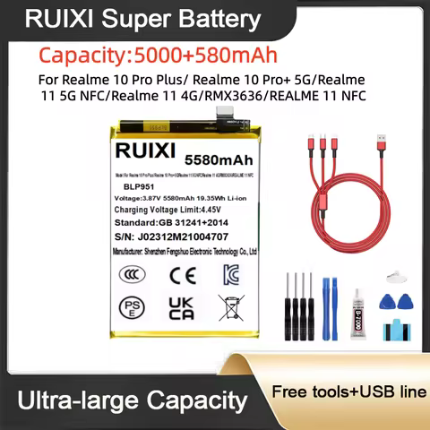 5580mAh BLP951 RUIXI Ultra Large Capacity Battery For Realme 10 Pro Plus/ Realme 10 Pro+ 5G/Realme 1