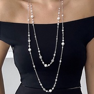 2Pcs/Set Korean Fashion Imitation Pearl Long Chain Necklace For Women Elegant Multilayer Choker Swea