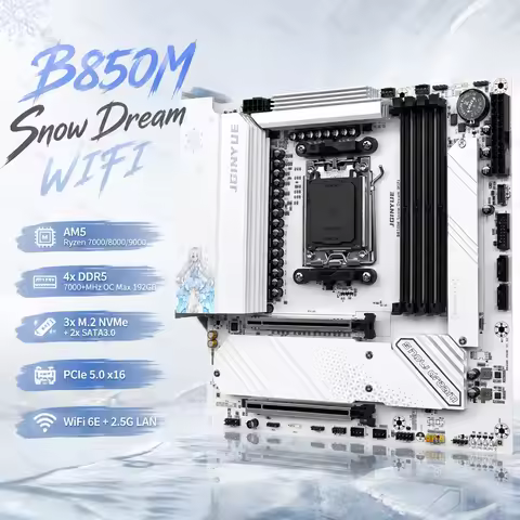 JGINYUE B850M Snow Dream WIFI DIY Kit AM5 Motherboard Ryzen 7 9700X CPU DDR5 192GB 3xM.2 NVMe PCIe 5