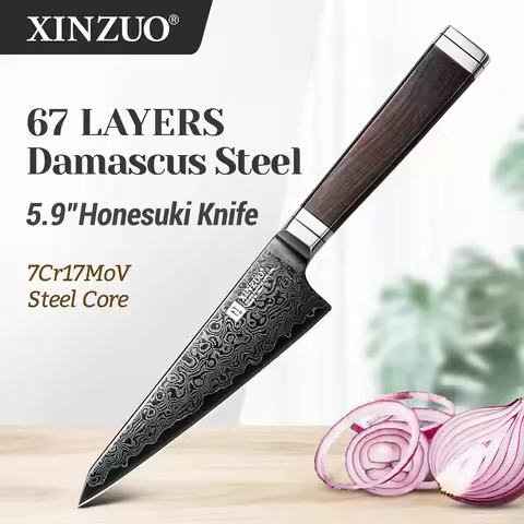 XINZUO 5.9‘’Inches Honesuki Knife 67 Layers Damascus Steel Forged Knife Core Hardness 56-58HRC Innov