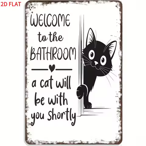 Fun Bathroom Decor - Vintage Wooden Sign "Welcome to the bathroom – a cat is about join you" with Bl