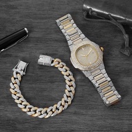 {Miracle Watch Store} ใหม่สีทองนาฬิกา Amp; สร้อยข้อมือ Combo Set Ice Out Miami Cuban Link Chain หรูหรา Hip Hop ชุดเครื่องประดับสำหรับผู้ชายผู้หญิง20ซม.