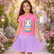 Girls Pleated Skirt Set 2 Piece Unicorn Easter Egg Graphic T Shirt and Flared Skirt Outfit for Easte