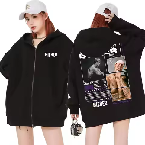 Rapper Justin Bieber Album Tour Zip Up Hoodie Men Clothing Hip Hop Pop Music Zipper Pullover Unisex 