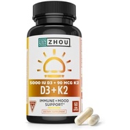 Zhou D3+K2 Supplement - 60 Veggie Capsules (Pack Of 1) | Vitamin D3 K2 Supplement For Women &Amp; Me
