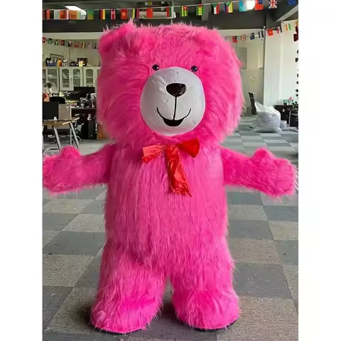 Adult Plush Inflatable Pink Teddy Bear Mascot Costume Furry Suit for Halloween Carnival Xmas Easter 