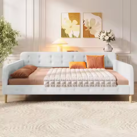 Queen Size Upholstered Daybed with Button Tufted Backrest Curved Arms,Modern Linen Upholstery Sofa B