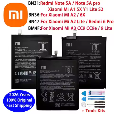 2026 Years Original Battery For Xiaomi Mi A1 A2 A3 Y1 9 Lite S2 5X 6X CC9 CC9e Redmi Note 5A 6 Pro B