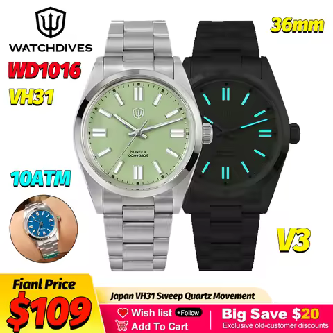 Watchdives WD1016 V3 Multicolored 36Mm Relojes VH31 Sweep Quartz Man Watches Lumes AR K1 Or Sapphire