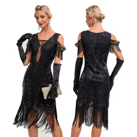 1920s Sleeveless Flapper Dresses Women Great Gatsby Cosplay Dresses Fringed Sequin Roaring 20s Dress