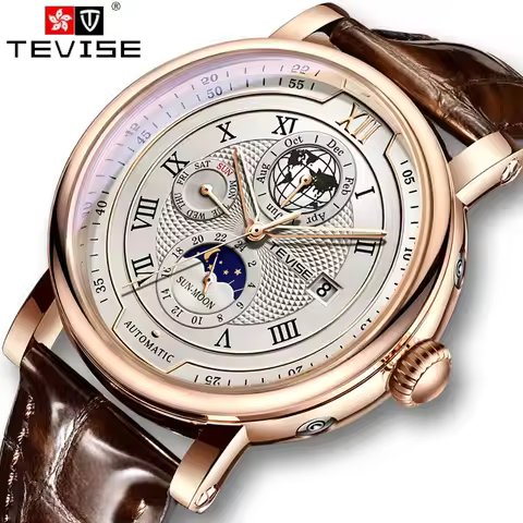 LIGE Brand TEVISE Original Design Mechanical Man Watch Waterproof Leather Mens Watches Moon Phase Mo