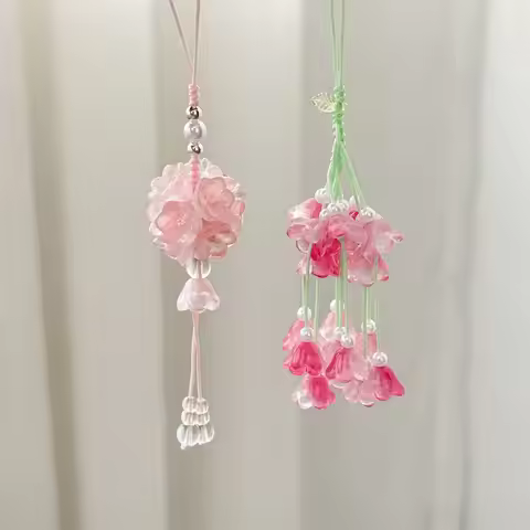 A pair Pink Cherry Blossom Beaded Lucky Phone Charm Lanyard Cute Aesthetic Wrist Strap Lanyard Flora