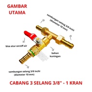Sambungan konektor selang gas LPG 3/8" cabang 3 stop kran elpiji