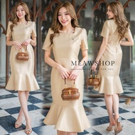 S-4XL ชุดเดรสผ้าไหม คอเหลี่ยมอัดกาวทั้งตัว ชุดออกงาน ชุดไปงาน ชุดไปงานบุญ งานบวช ชุดไปวัด เดรสลูกไม้