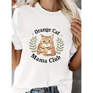 Local Warehouses Women s Orange Cat Mama Club Graphic Tee Casual Round Neck Stretchy Blend Machine