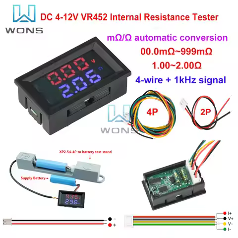 DC 4-12V VR452 Internal Resistance Tester 0.56 inch Dual Digital Display Battery Voltmeter Resistor 